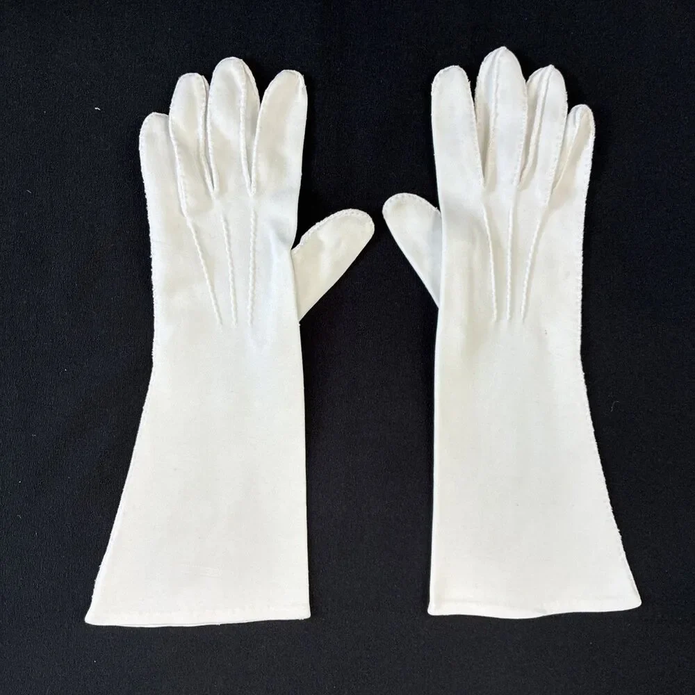 Vtg 1950s White Mid Length Ladies Gloves 3 Points Stitching Coquette Prom Formal
